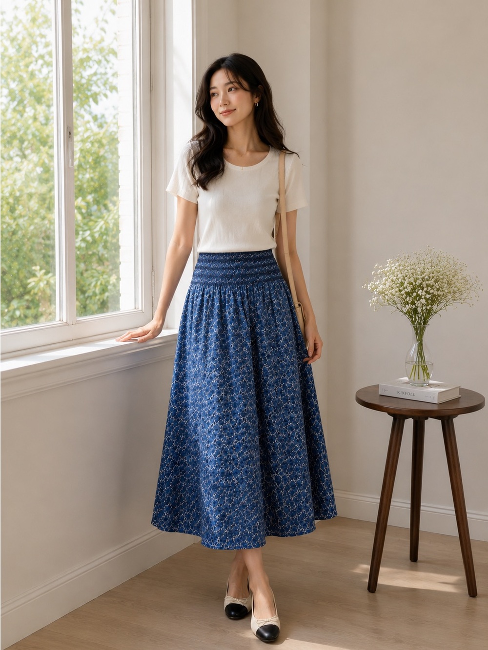 LOFT Women's Blue Maxi Smocked-Waist Skirt
